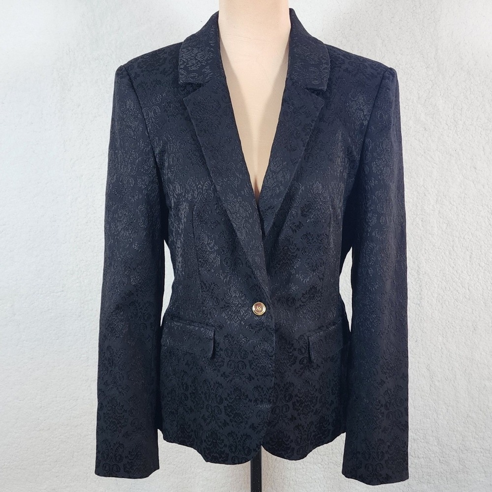 Dana Buchman Black Jacquard Brocade Women's Blazer Sz 10 Floral Career Feminine
